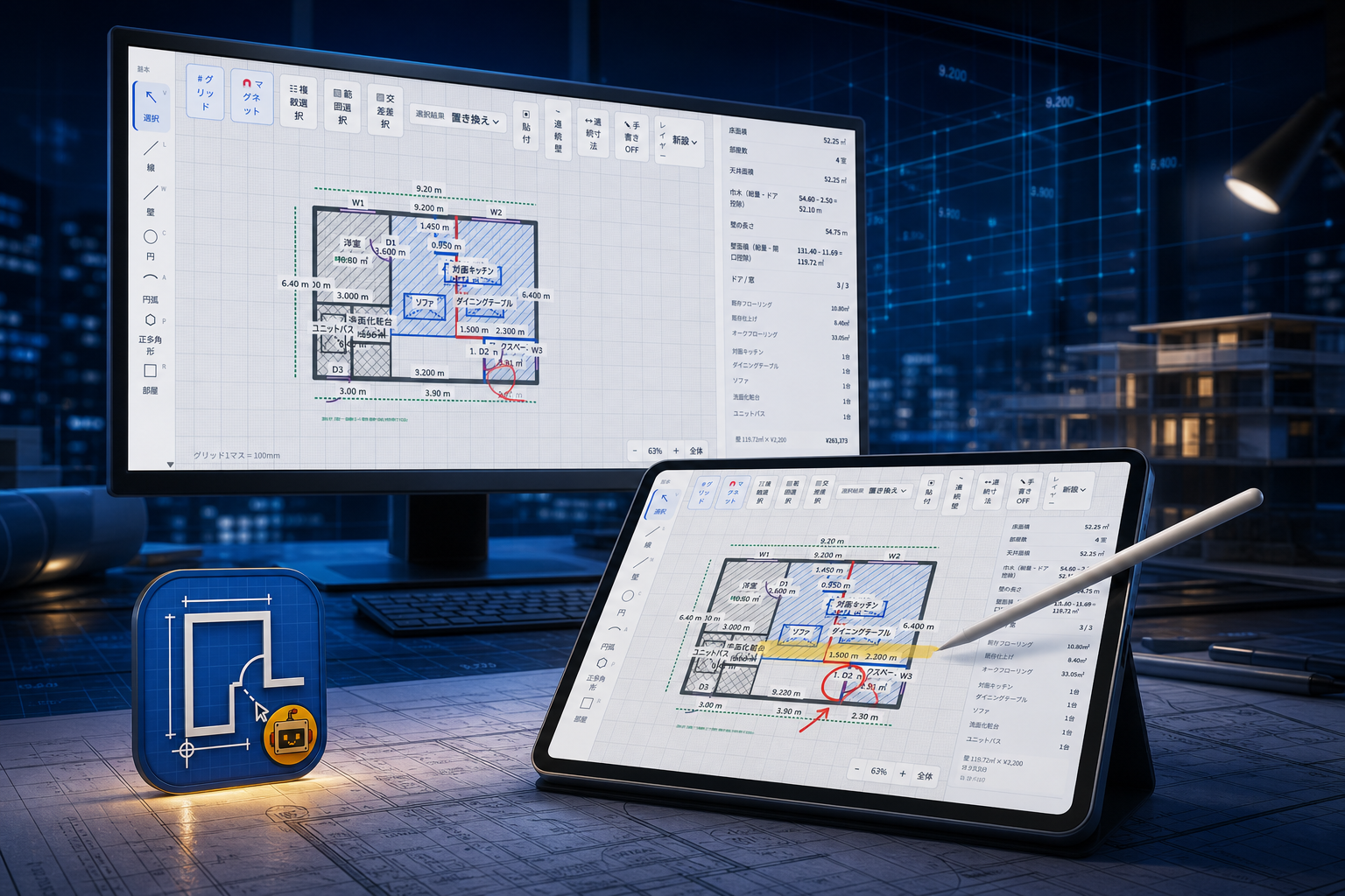 設計スタジオでPCとApple Pencil対応タブレットに詳細図面を表示するPONKOTSU CAD