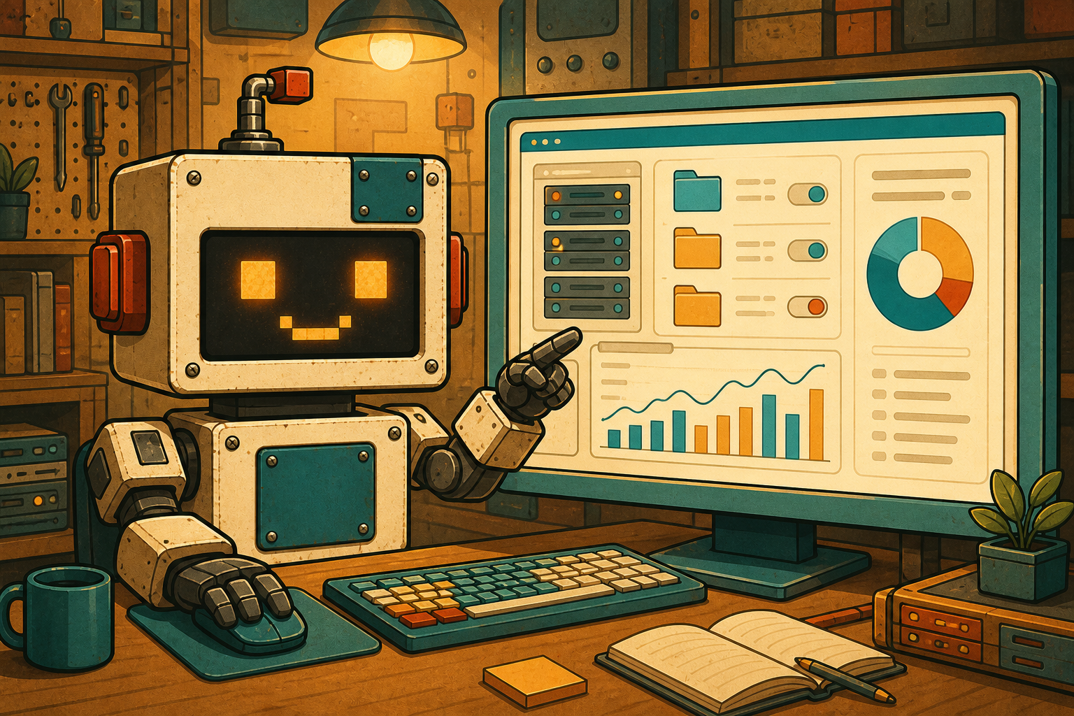 ソフトウェアを使うロボットのイラスト